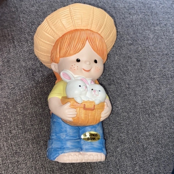 Enesco Country Cousins - Katy holding bunnies savings bank - 1983 T11 - Picture 1 of 4